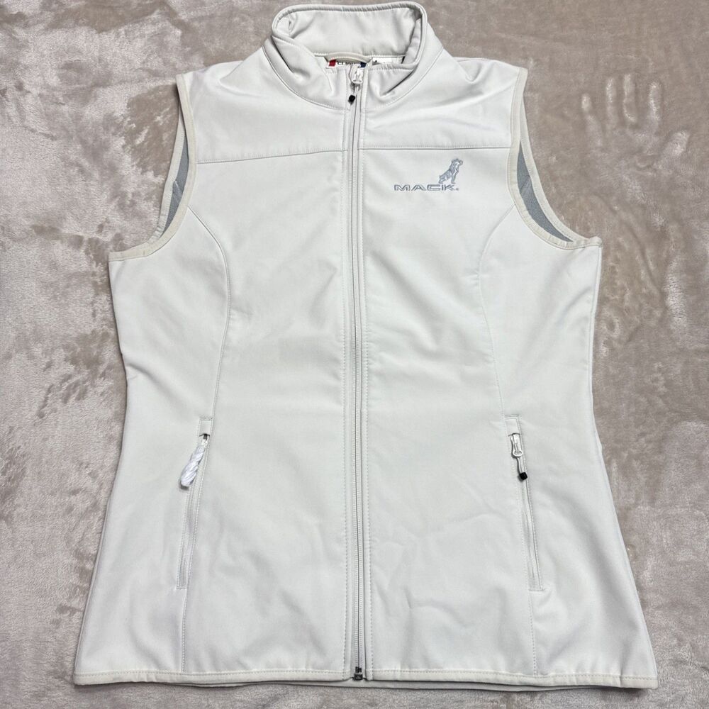 Mack Truck Embroidered Vest Women Size Large Full Zip Beige Sleeveless Clique